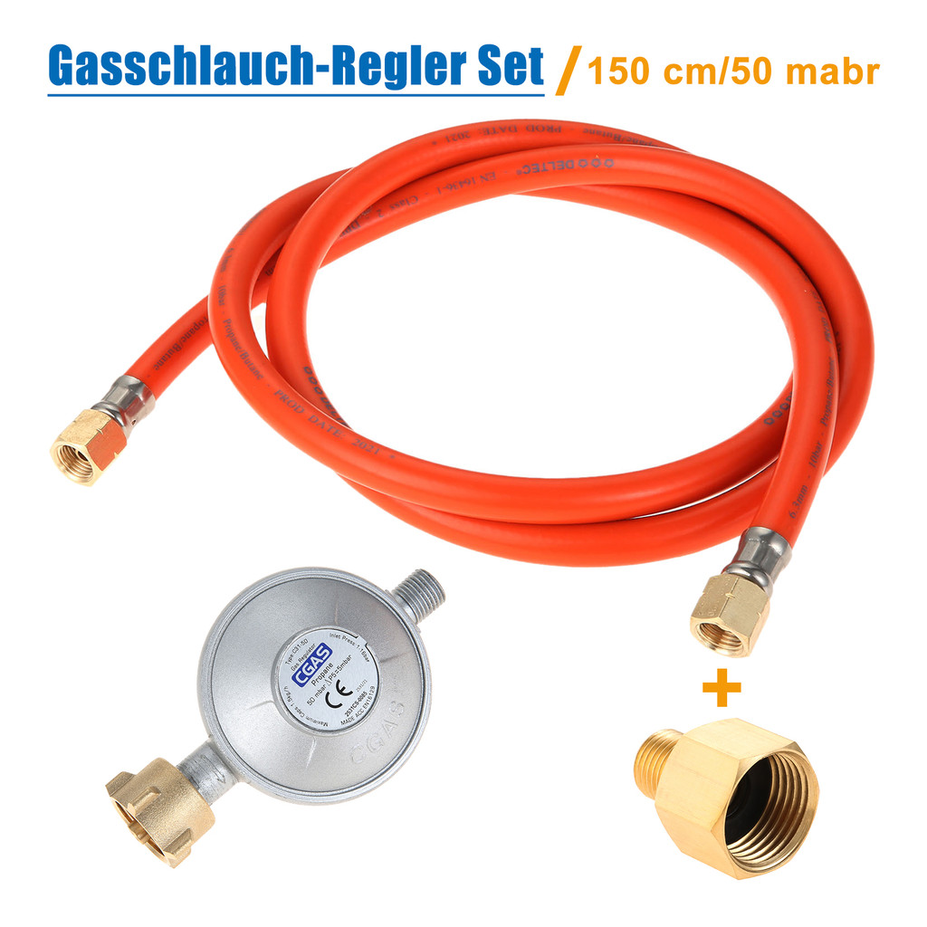 Gas Hose 150cm Pressure Reducer 50mbar Regulator Set with Transition 1/2" R X 1/4" Lks Adapter for L