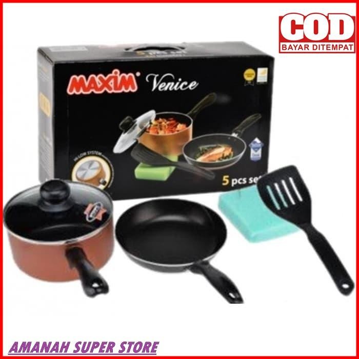 MAXIM VENICE 5 Set Wajan/Panci/Spatula/Spon/Tutup Kaca - 100% MAXIM