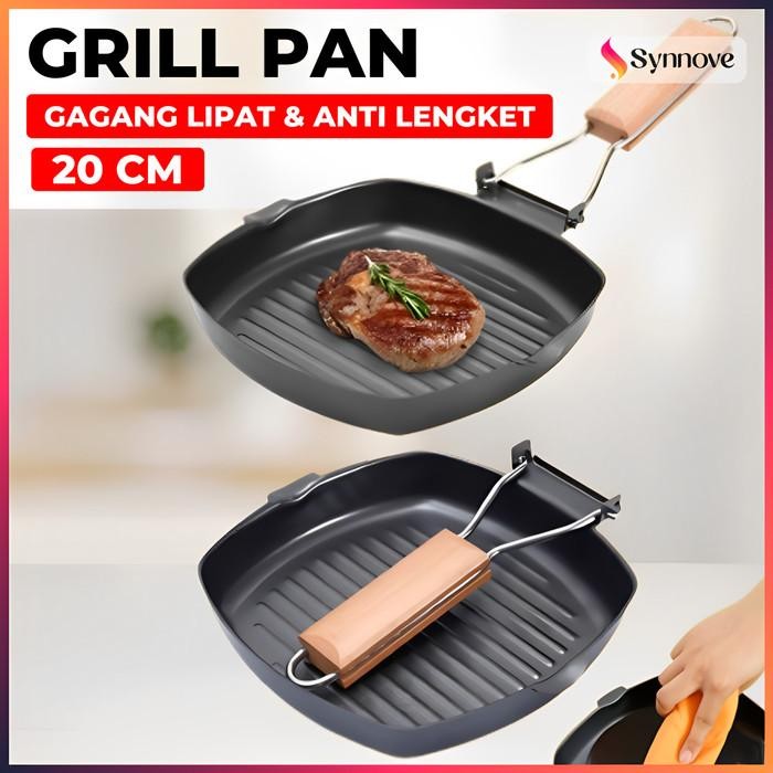 Grill Pan Anti Lengket Baja Lapis Marble Panggangan BBQ Pegangan Kayu Lipat Panggangan Grill Pan