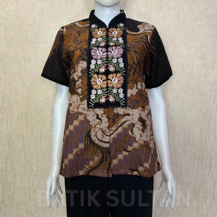 Atasan Batik Blouse Wanita Lengan Pendek Bordiran Premium Kain Katun Doby Elegan L Batik Cewe Mewah