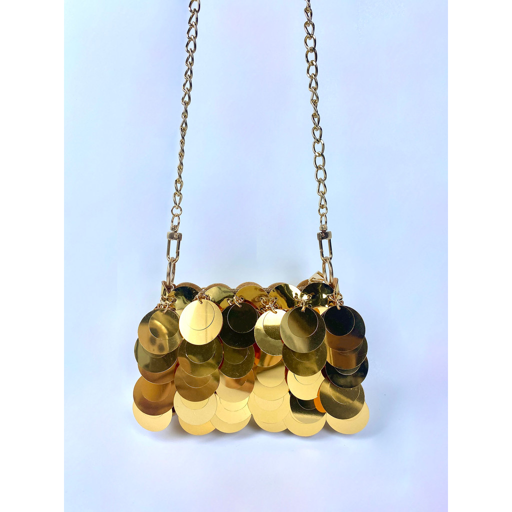 Shiny retro metal chain bag, hand woven pearl bead bag, glitter bag, jewelry crossbody bag, female