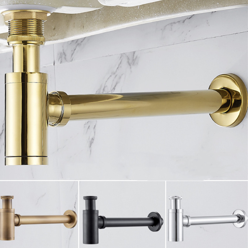 Basin Pop Up Drain Black/Gold Brass Bathroom Sink Siphon Drains Bottle Trap Pop Up Drain P-Trap Pipe