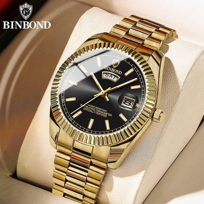 BINBOND Mens Quartz Watch Top Brand Sports Quartz Mens Watches Stainless Steel Waterproof Date Week