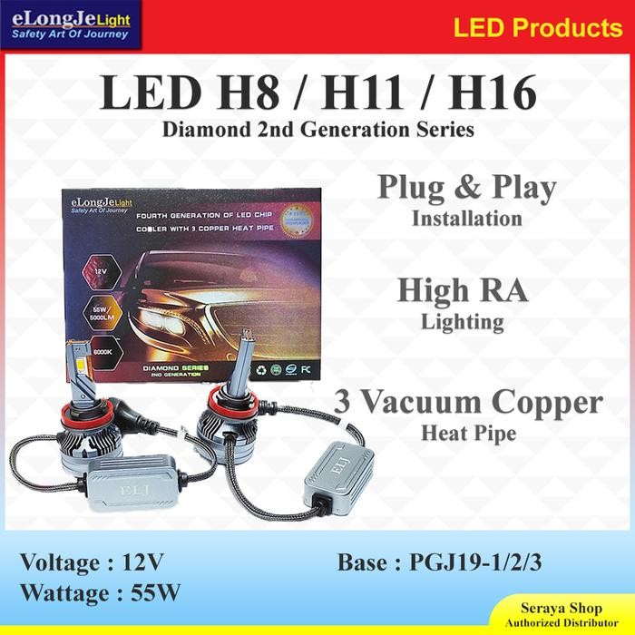 Elongje Lampu Led Diamond 2Nd Gen H8 / H11 / H16 12V 55W High Ra