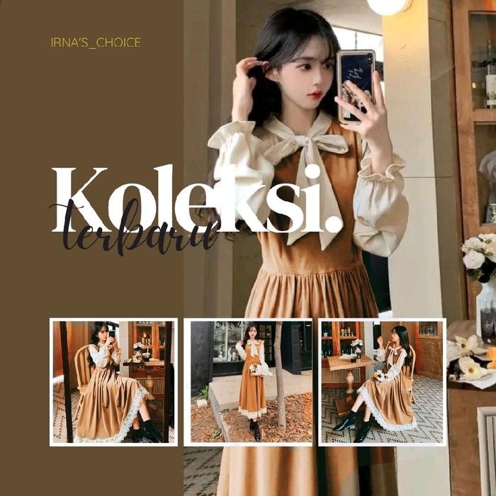 KOREAN VINTAGE DRESS A-Line Baju Casual Karet Pita Panjang Silky Wanita lona dress
