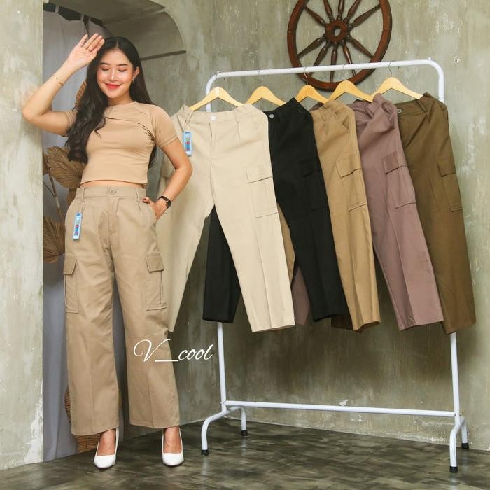Celana Cargo Highwaist Twill Combed Stretch Wanita Kulot Panjang