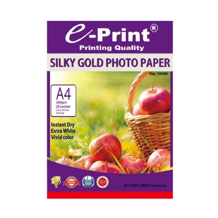 

E-Print Kertas Foto A4 260 gsm Silky Gold 20 Lembar Cepat Kering Tahan Air Resolusi Tinggi 5760 dpi