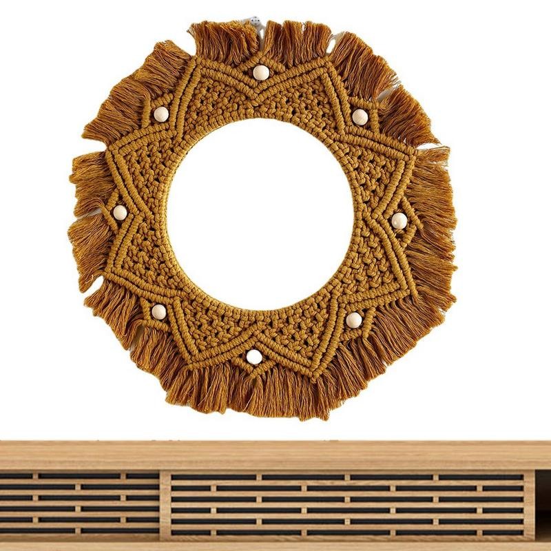 Round Wall Mirror with Macrame Fringe Macrame Room Decor Wall Mirrors for Living Room Bedroom Decora