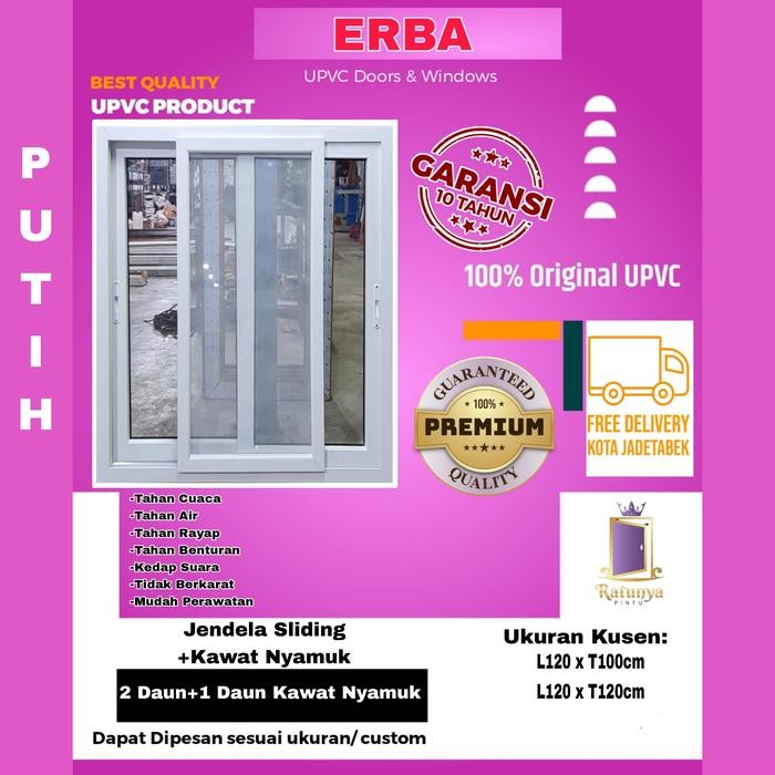Khusus Gosend Jendela Sliding Upvc Erba Super Premium-2Daun+1Daun Kawat Nyamuk-Putih