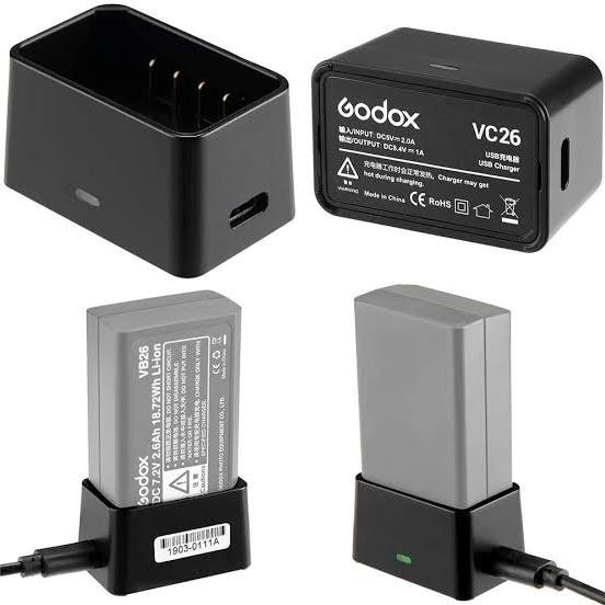 Spesial Godox Vc26 + Vc1 Usb Cable Charger Adapter Vb-26 Battery V1 / V860Iii Terlariss 