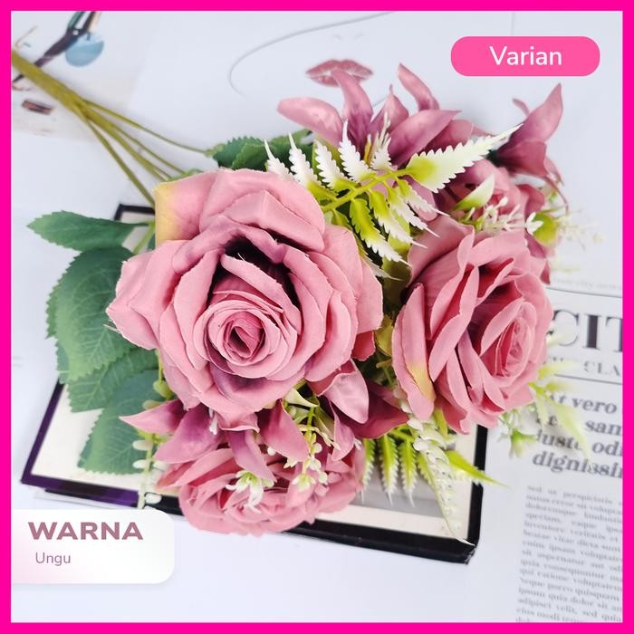 Bunga Mawar Hitam Jumbo Import 7 Cabang/Buket Mawar Palsu/Bunga Hias Dekorasi (KN-429)