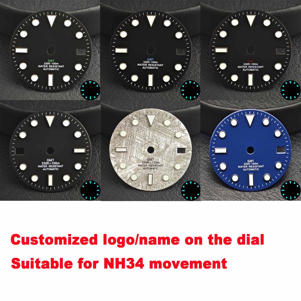 Suitable for GMT dial NH34 meteorite pattern design 28.5mm left hand GMT dial blue light custom logo