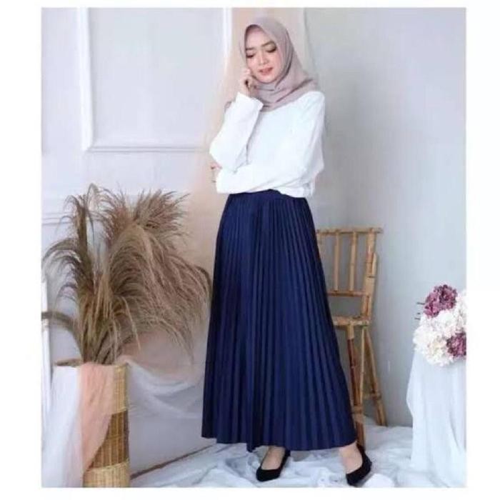 Warna Biru Navy Dongker Rok Plisket Wanita Import Kekinian Premium
