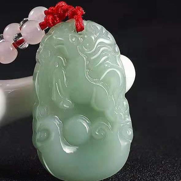 KALUNG GIOK SHIO - SMALL 12 ZODIAC CHARACTER RED CORD BEADS SIMPLE GREEN PENDANT NECKLACE /