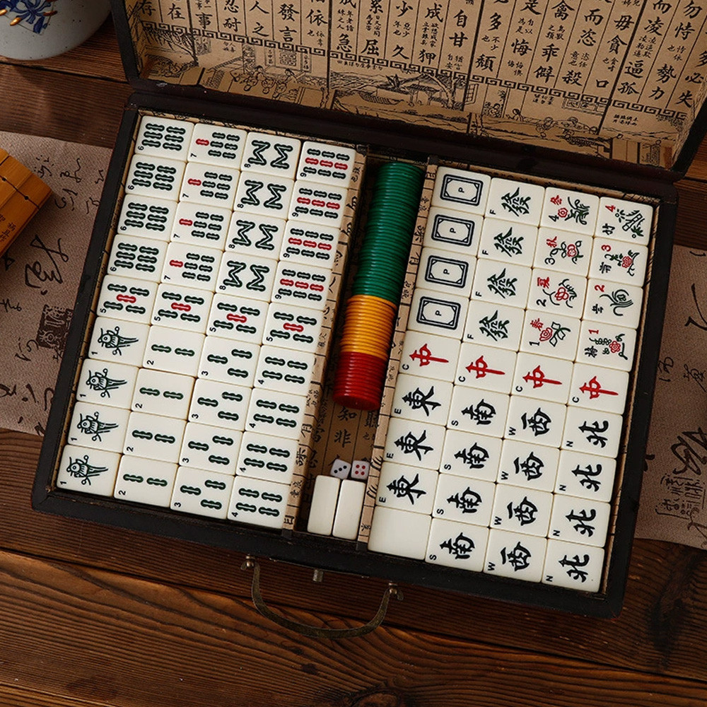 144pcs Chinese Mahjong Activity Game Board Game with Carrying Case Mahjong Set Portable Mahjong