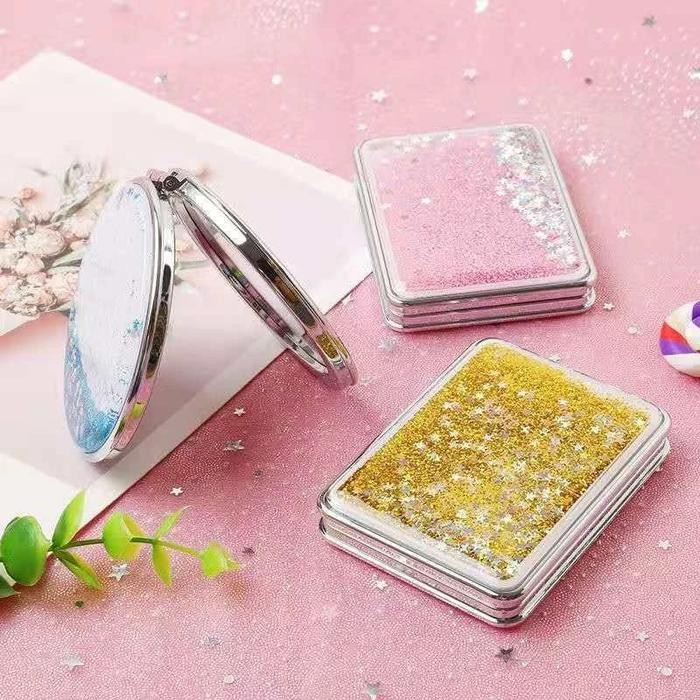Cermin Saku Glitter Kaca Rias Makeup Lipat Double Slide Leather Small Round Bulat Mini Dua Sisi