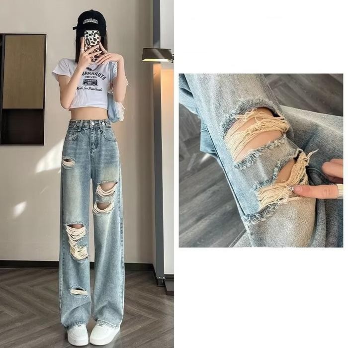 Jeansnjune Celana Jeans Wanita Sobek Kulot High Waist Jeans Ripped Import Premium Celana Sobek