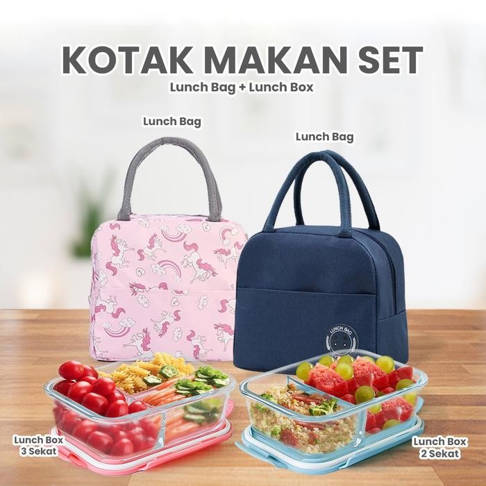 Aveline Tempat Bekal Lunch Box Kotak Penyimpanan Makan Kotak Bekal Makan Set Bahan Kaca Microwave