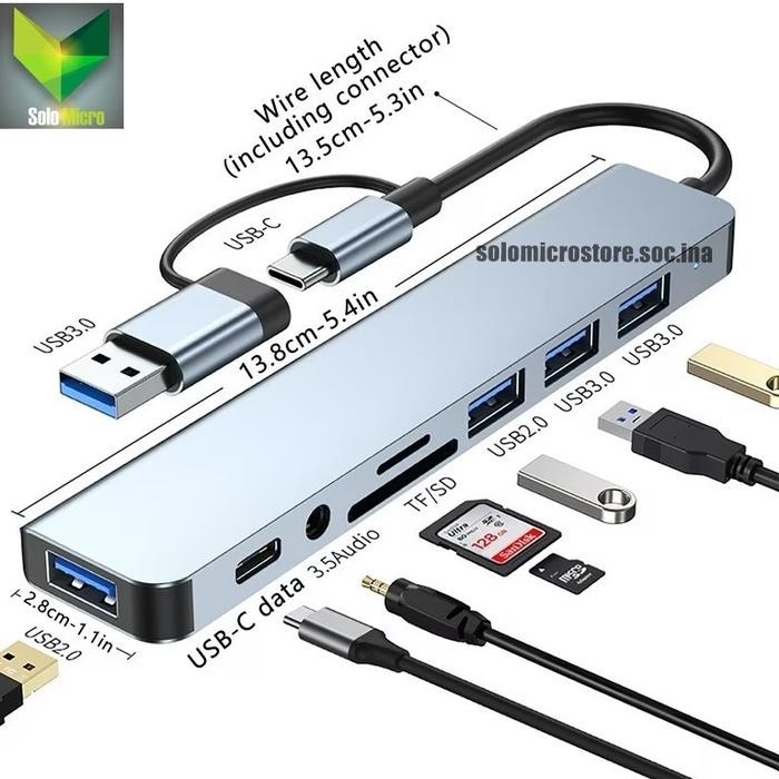 Usb hub type-c combo 8in1 usb 4 port hub + sd + tf card reader + type c + audio 3.5 tipe c hub with