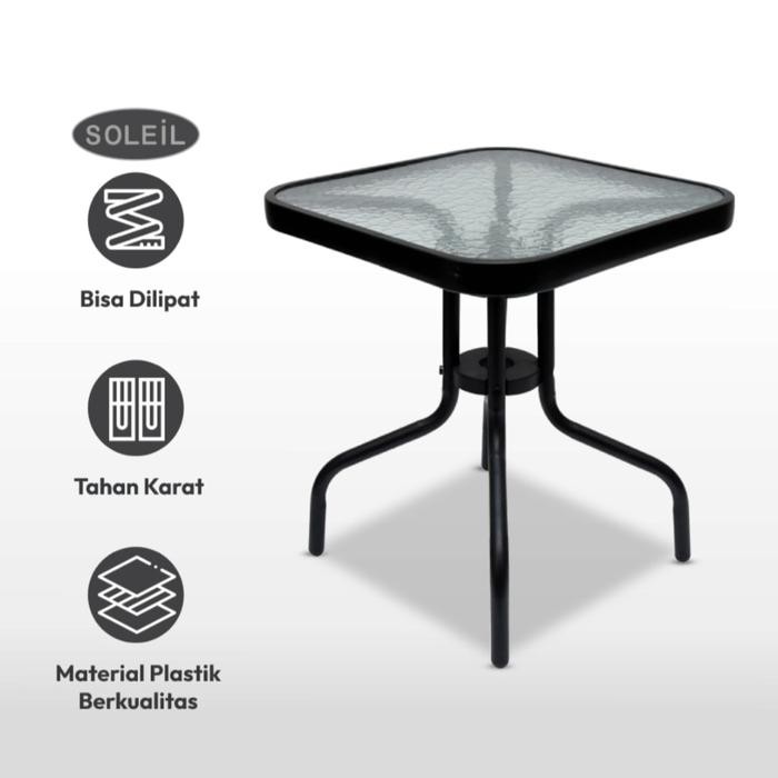 Meja Besi Teras Kaca Tempered Soleil Pasti Diskon
