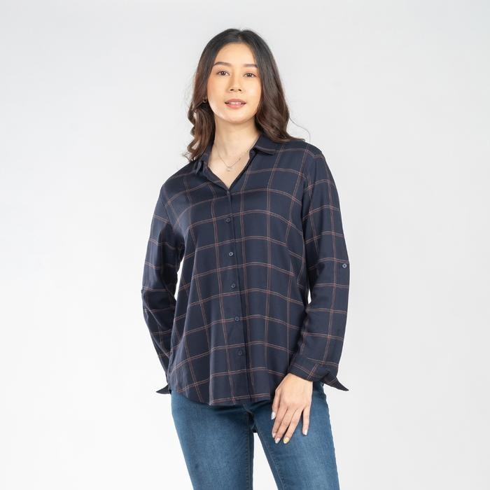 TERLARIS C2 Fleura Navy Kemeja Casual Wanita Lengan Panjang Motif Kotak READY STOCK