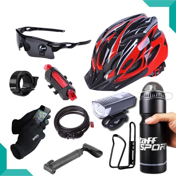 PAKET AKSESORIS SEPEDA KOMPLIT HELM + KACAMATA + LAMPU + BOTOL MINUM