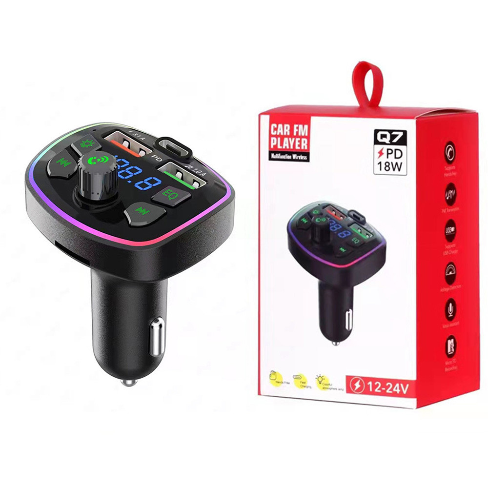 Bluetooth 5.0 FM Transmitter PD 18W Type-C Dual USB 4.2A Car Phone Charger Colorful Ambient Light U-