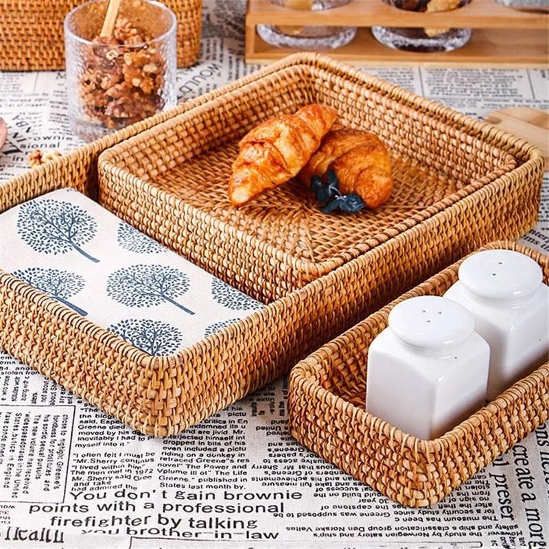 Handwoven Storage Basket Rattan Storage Tray Wicker Basket Bread Fruit Breakfast Tea Picnic Basket K