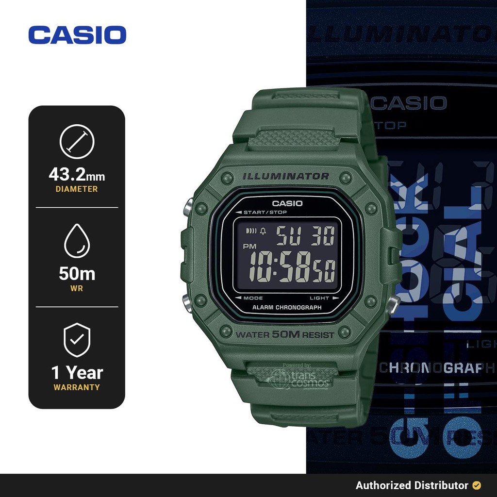 Casio Jam Tangan Digital Pria W-218H-3BVDF Original Resin Strap Green