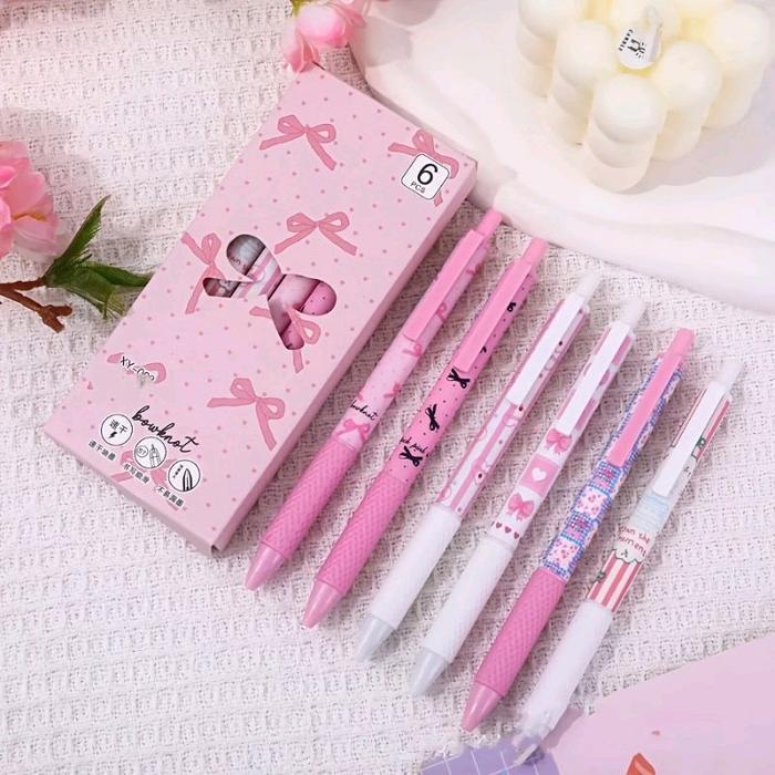 6PCS RIBBON PINK SET PULPEN GEL LUCU HEART PEN KAWAII AESTHETIC TINTA HITAM SCHOOL & EDUCATIONAL