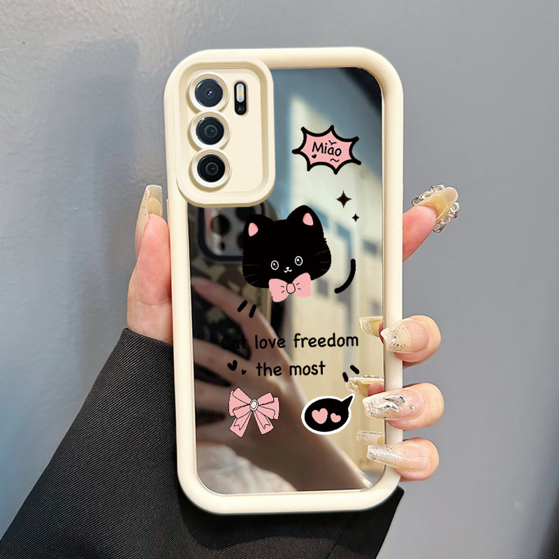 Casing Hp OPPO A16 OPPO A16s OPPO A54s Case Casing HP Softcase Silikon Kucing Hitam Lucu Imut Cermin