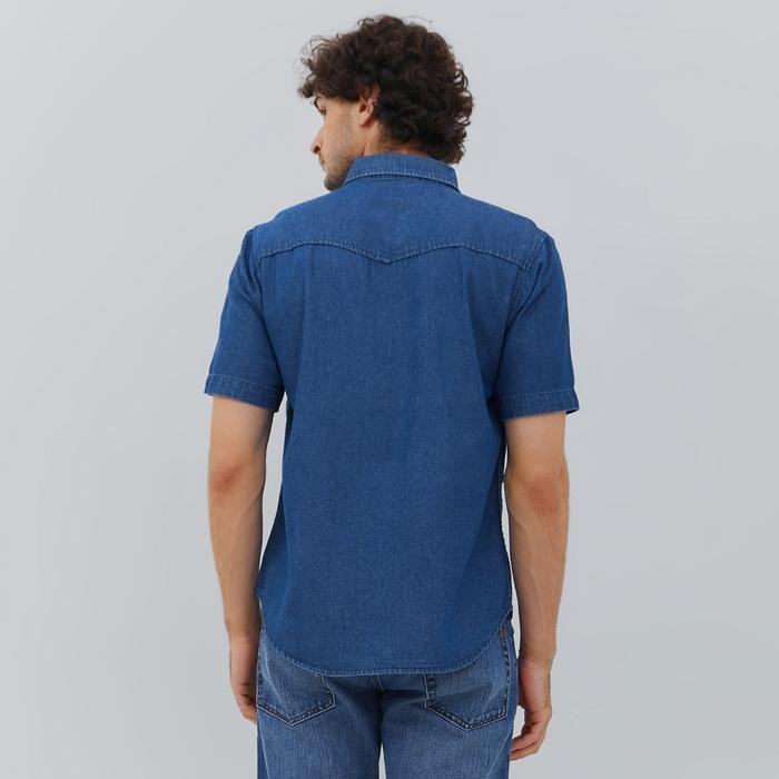 Hillboss Kemeja Jeans Lengan Pendek Pria Biru Tua Jose - Casual Denim Shirt Old Navy Blue - Ds008