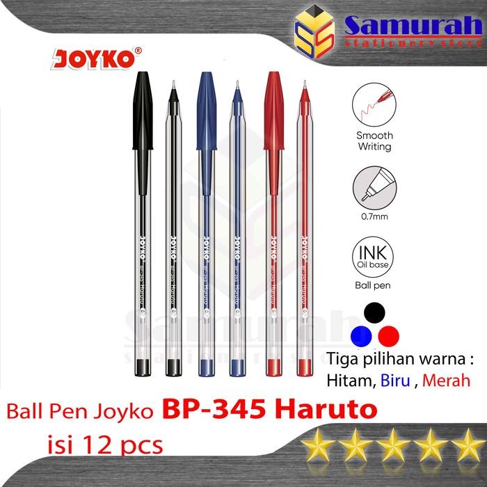 

New Pulpen Joyko Haruto BP 345 / Ball Pen BP-345 0.7 mm Ballpen Cabut 3 Warna Hitam - Merah - Biru /