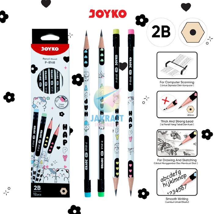 

New (12 Pcs) Pensil Tulis 2B + Penghapus JOYKO P-8148 Kucing Cat Hexagonal Pencil w/ Rubber Eraser