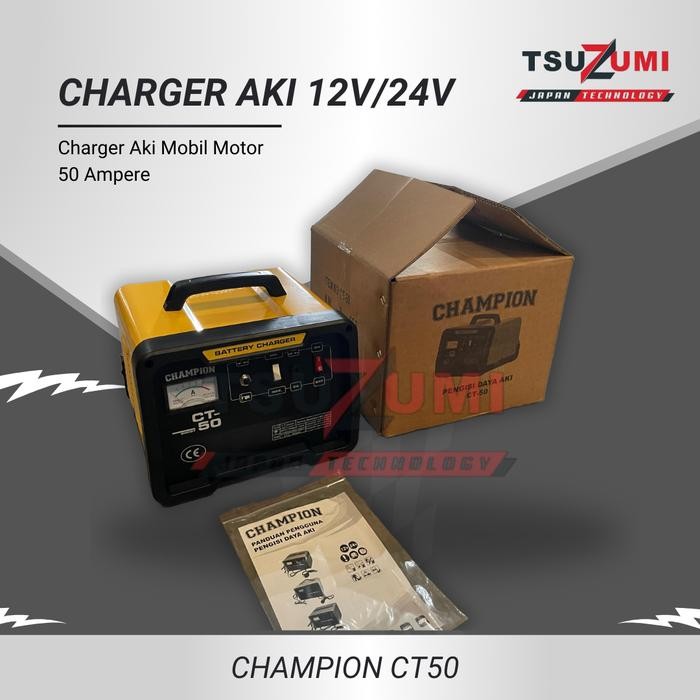 Cas Aki Mobil Motor 50 Ampere 12V 24V Champion CT50 USA Technology / Charger Aki 12V