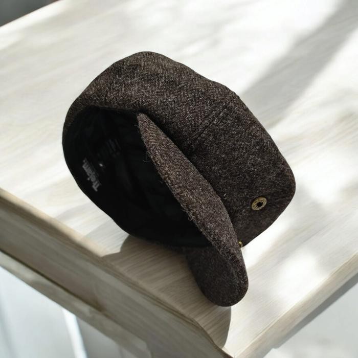 SALE  THEJAM. THE ORIGINAL NEWSBOY CAP WOOL HERRINGBONE BROWN 8PANEL CAPS READY