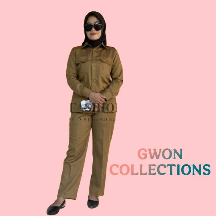 ASLI SETELAN SERAGAM PNS WANITA BAJU DINAS PEMDA WARNA KHAKI BAHAN TOYOBO FODU READY STOCK