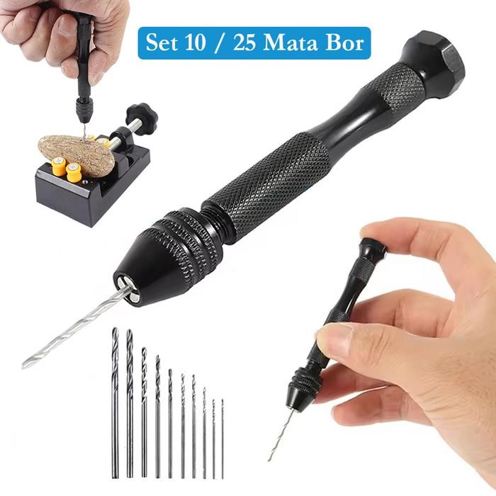 Dongcheng Tools - Bor Tangan Manual Mini Hand Drill Dengan 10 / 25 Mata Bits Hss Untuk Kayu Besi