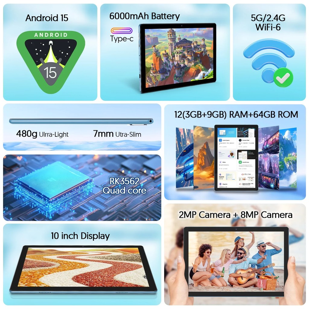 BAKEN 10-inch Android 15 tablet, quad-core processor, 12GB (3+9 expansion) RAM + 64GB storage, 5G