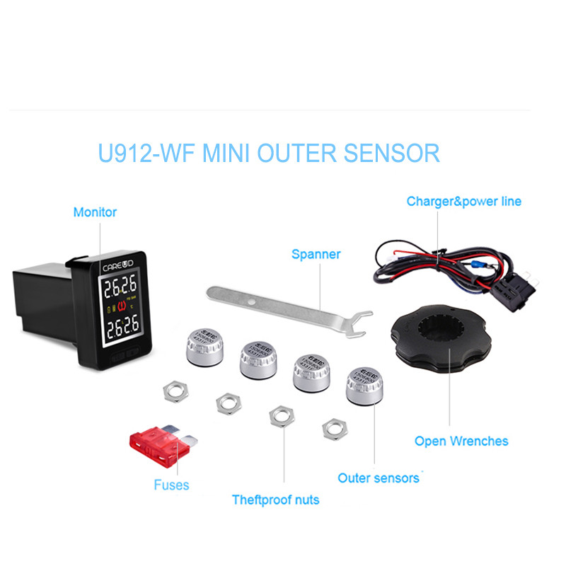 CAREUD U912 TPMS Wireless Tire Pressure Monitoring System with 4 External Sensors Embedded Car LCD