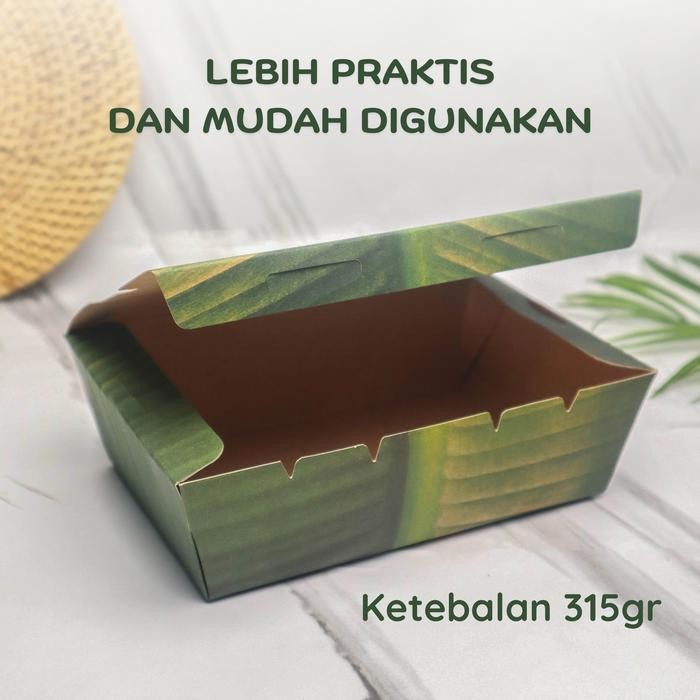 Paper Lunch Box Kotak Makan Kertas Daun 315Gr Tanpa Rakit Size M Motif Daun Pisang Full Body