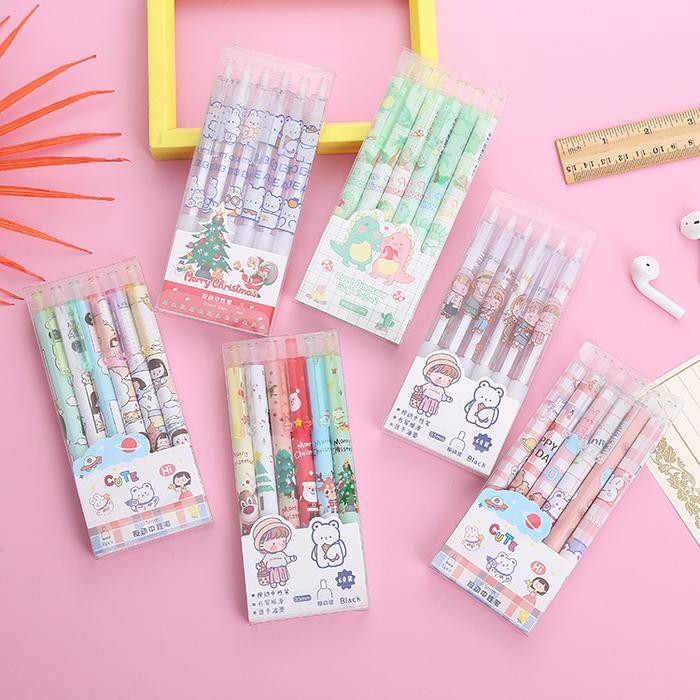 

ISI 6pcs Set Pen Gel Mekanik 0.5mm Motif Cartoon Pulpen Gel Mekanik Pulpen Aesthetic Lucu Stationery