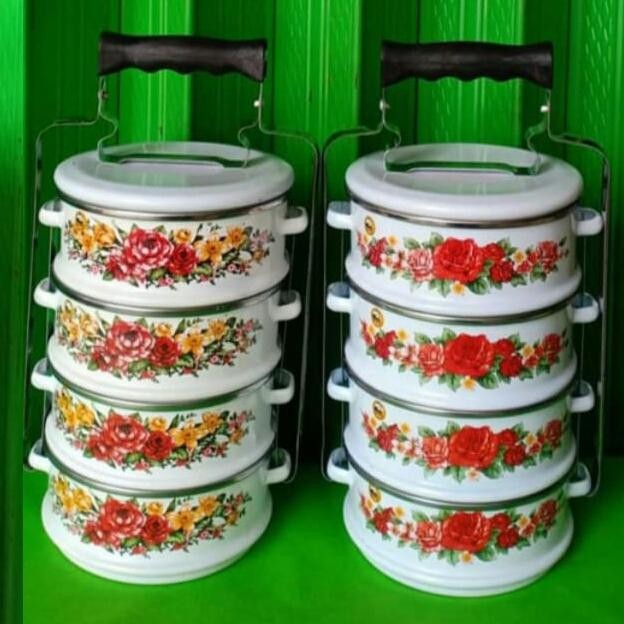 Rantang Enamel Seng Kaleng Jadul 4 Susun Merah / Tenong Jadul