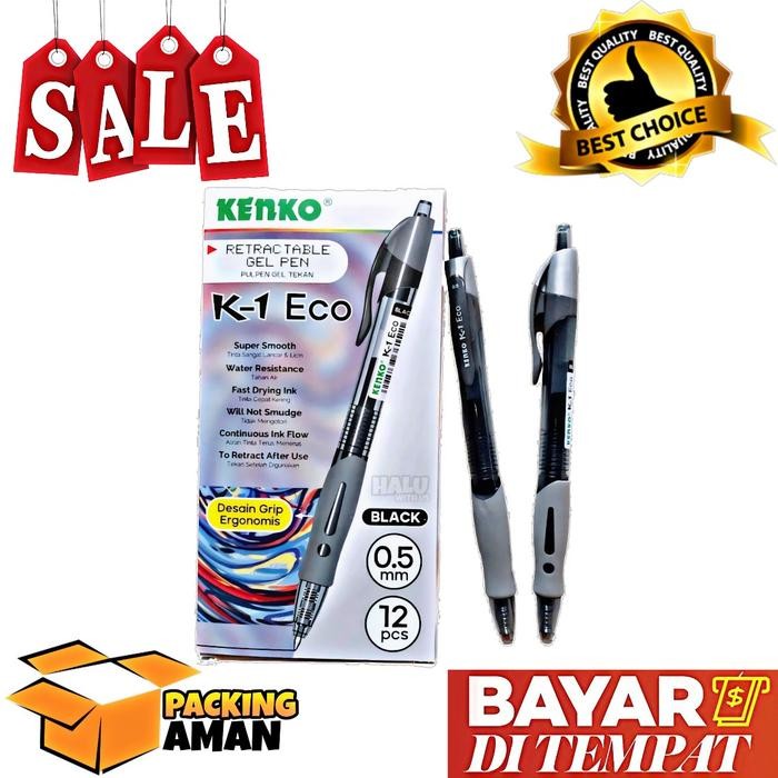 

New (BISA COD) PROMO 12 Pcs Gel Pen Pulpen Hitam Pena Kenko K-1 Eco / Retractable Gel Pen / 0.5 mm /