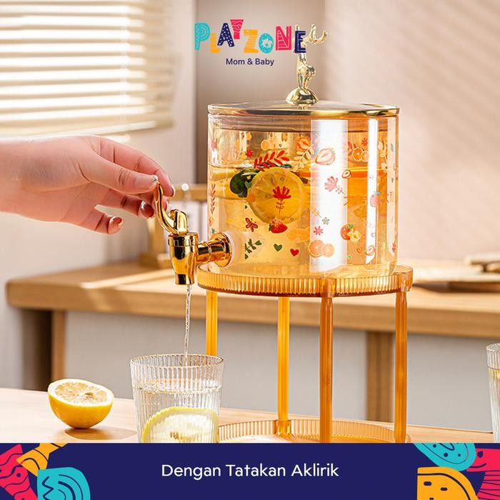 Play Zone Dispenser Air Kaca / Ketel Air Dingin Kaca Dengan Tatakan Kayu / Tempat Minuman Es Jus