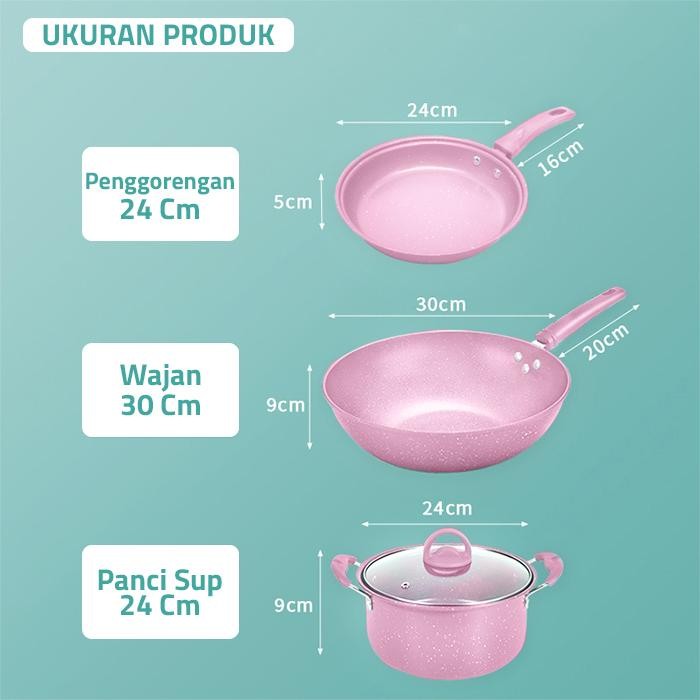 GM Bear Panci Wajan Teflon Pink Set isi 3pcs 1925 - Arria Panci Set