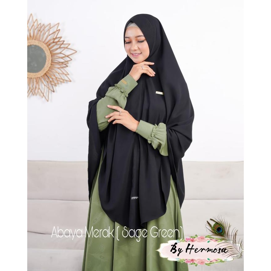 [Abaya Hermosa] Abaya Hermosa motif merak warna sage green-Abaya sage green-abaya hijau sage