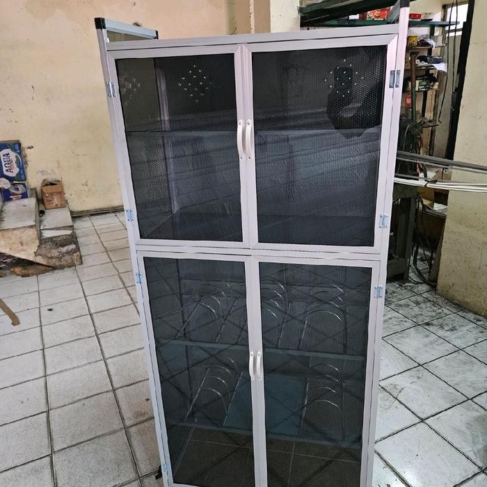 rak piring lemari piring aluminium kaca 2 pintu