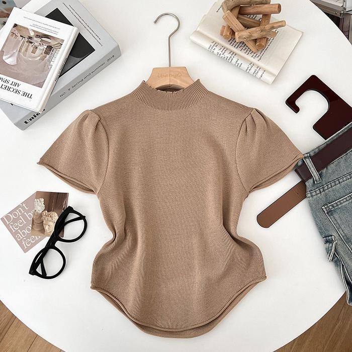 Missoofficial.id BJ1647 Baju Atasan Rajut Wanita Inner Turtleneck Kerah Tinggi Lengan Pendek