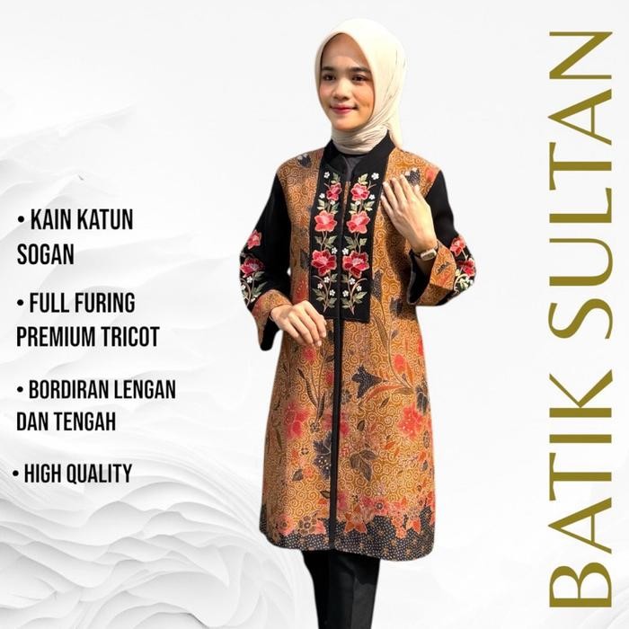 Atasan Tunik Batik Wanita Kain Doby Sogan Bordiran Reguler Fit Lapisan Tricot Waffle Mewah Elegan